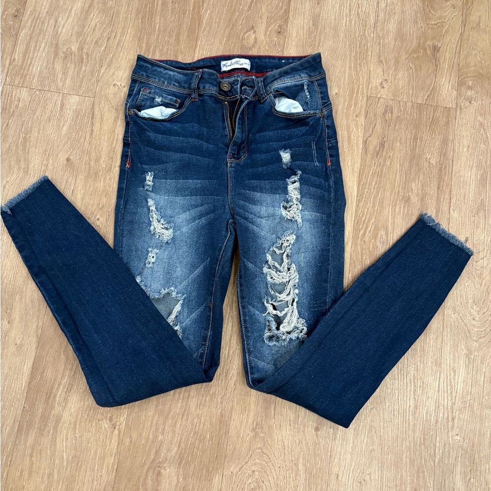 Trendy Distressed Dark Blue Skinny Jeans